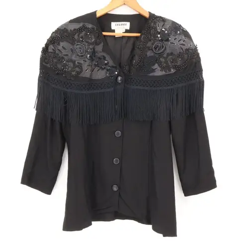 Vtg Shanna Beaded Sequin Fringe Blazer Western Boho Vegan Leather Size 44 US 10 Black