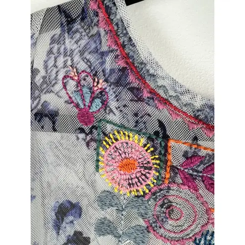 Johnny Was Logan Embroidered Mesh Tiered Maxi Dress Boho Floral Blue Large