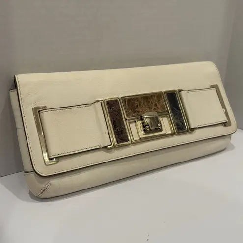 Anya Hindmarch Cream Leather Formal Foldover Clutch Purse Bag Brass Closure Tan