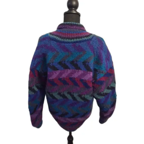 Vintage Wool Print Newari Cardigan Wood Button Up Sweater Medium Nepal Crochet