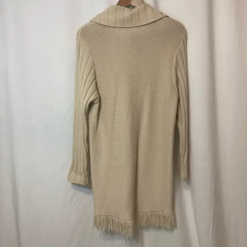 Vintage Sirio Italy Merino Wool Knit Beige Cream Button Fringe Cardigan Sweater Size L