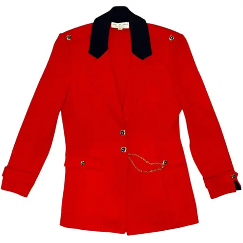 St. John Collection Knit Blazer Red Gold Chain Navy Trim 10 Vintage Luxury Jacket