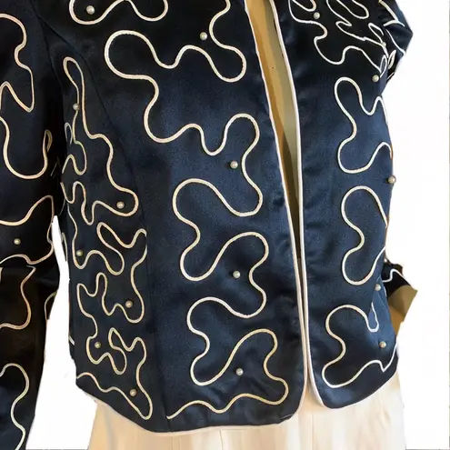 PATRA VINTAGE 1990'S BLUE & CREAM SATIN BLAZER WITH FAUX PEARL BEADING (10)