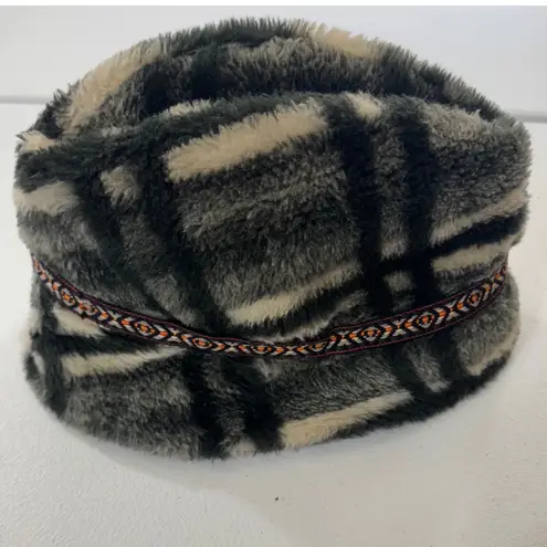 VTG Uniqu Faux Fur Bucket Hat Plaid Pattern Winter Warm Earflap Style Gray