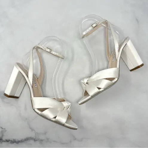 Aquazzura Nina 85 Silk Satin Knot Ankle Strap Block Heel Sandals Bridal White Size 6.5