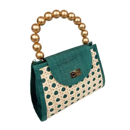 Soli & Sun The Sienna Emerald Green and Gold Rattan Handbag w/ Crossbody Strap