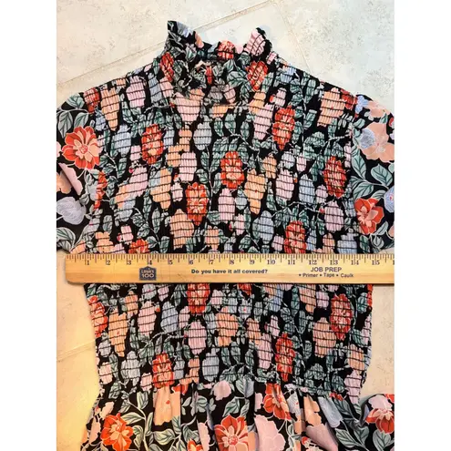Gibson Smocked Mock Neck Floral Long Sleeve Peplum Blouse XS Black Coral Blue