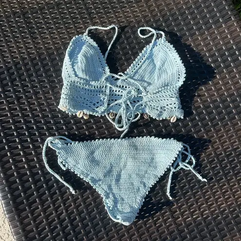 Crochet top and bottom baby blue with seashells bikini swim set Size undefined