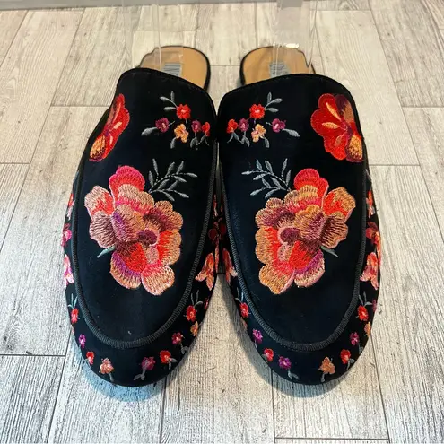 INC Slide Flat Mules Shoes Black Floral Embroidered slip on Women’s size 9.5M