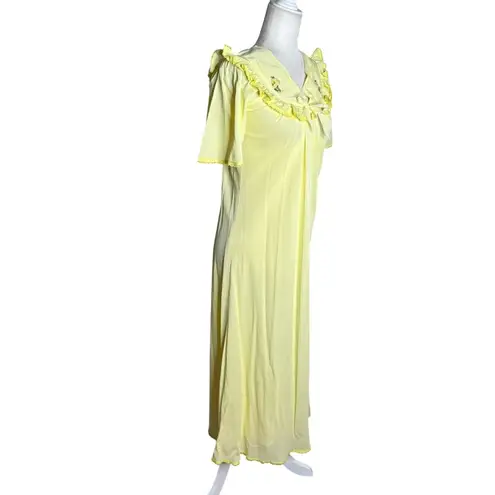 Vintage Nylon Nightgown Ruffled Collar Small Yellow Floral Embroidery Maxi
