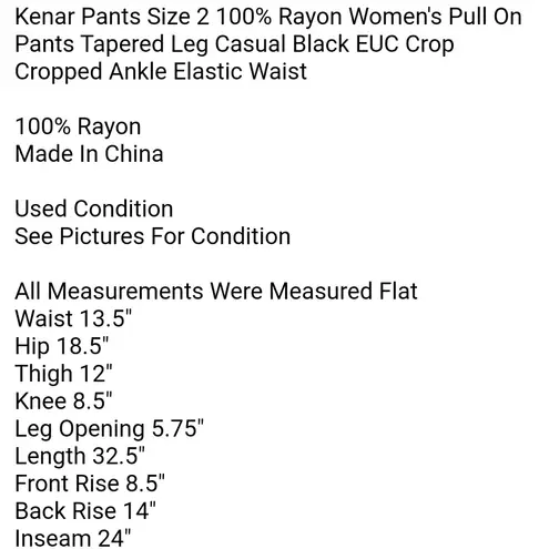 Kenar Pants Size 2 100% Rayon Women's Pull On Pants Tapered Leg Casual Black EUC Crop