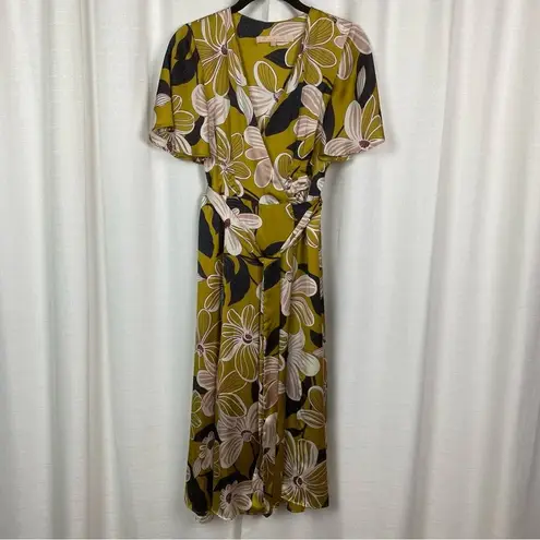 Hutch Anthropologie Mustard Yellow Floral Wrap Midi Dress Sz.XS
