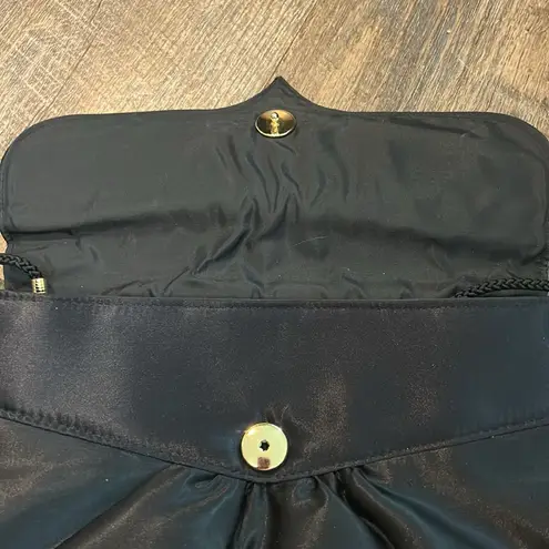 80s Black Satin Shoulder Purse Gold Fan Decoration by Gallery Originals