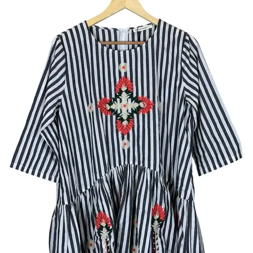 Stevie Hender Dress Womens M White Gray Striped Cotton Embroidered Cottagecore