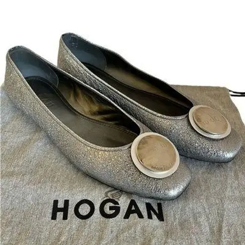 Hogan Silver Leather Wrap Metal Disc Ballet Flats