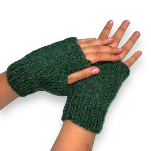 Handmade Womens Handcrafted Fingerless Glove Knit Solid Green Lightweight OS