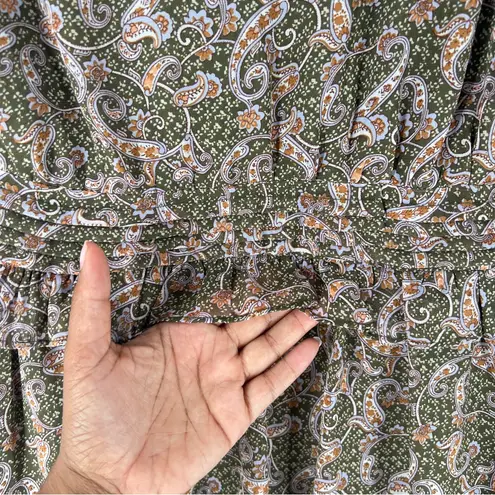 Love Riche Love Riche Chiffon Olive Paisley Ruffle Long Sleeve Peasant Tiered Maxi Dress M