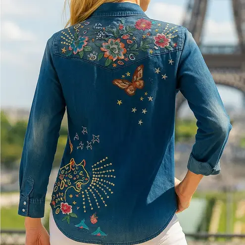 Johnny Was heavily embroidered Olinda Frayed Western Shirt NWT