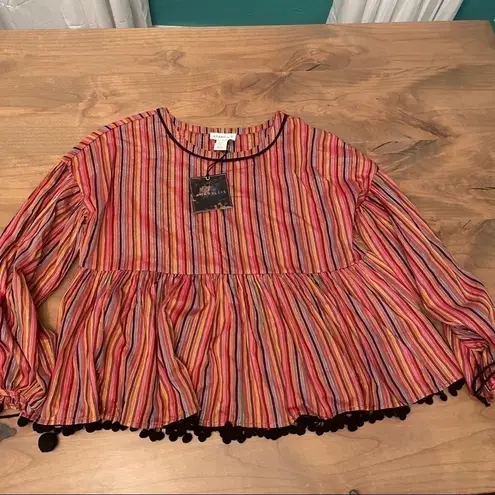 Amaryllis Metallic Stripe Pom Pom Boho Peasant Blouse Size Small