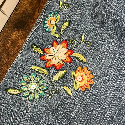 Vintage Embroidered Blue Jeans floral seashells flowers Size 12
