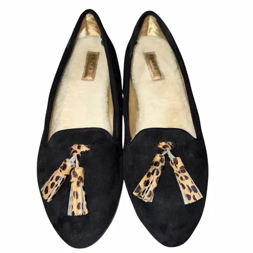 Birdies The Blackbird Black Suede Sherpa Lined Cheetah Tassel Loafers size 6.5