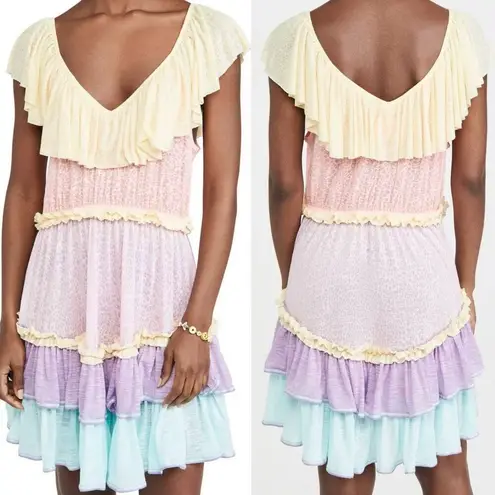 Pitusa Rainbow Ruffle Mini Dress S Petite Tiered Flowy Colorful Flutter Sleeves Pink Size undefined