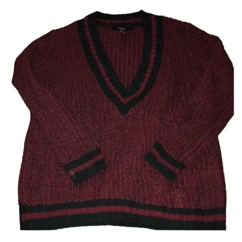 Forever 21 ✨ Cable Knit Burgundy Varsity V Neck Striped Trim Sweater✨