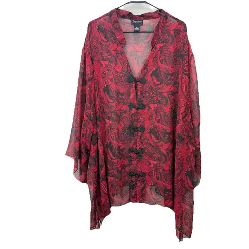Maggie Barnes Red Black Paisley Glitter Sheer 3/4 Sleeve Button Blouse Size 5X