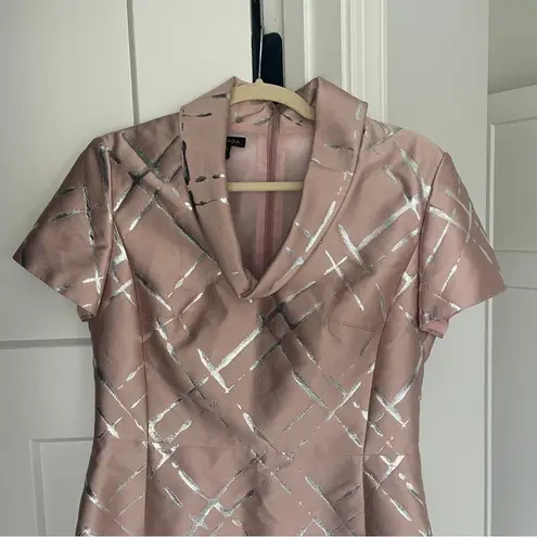 Escada Jacquard Pink Rosebud Metallic Silver Dress Short Sleeve Size 36