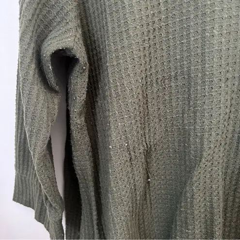 Nine Britton Top Waffle Knit Olive Green 3/4 Sleeve Tie Front Crewneck Neutral