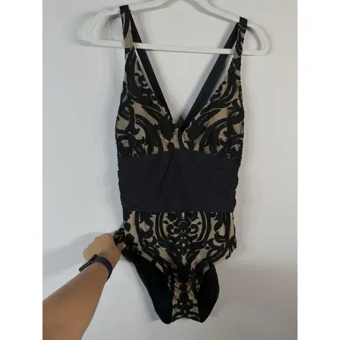 Alex Marie Mysterious Burnout One Piece Swim Suit Beige Black Paisley Women’s 16