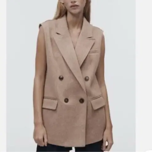 ZARA  Women Soft Double Breasted Collared Camel Two Front Pockets Long Vest Sz S