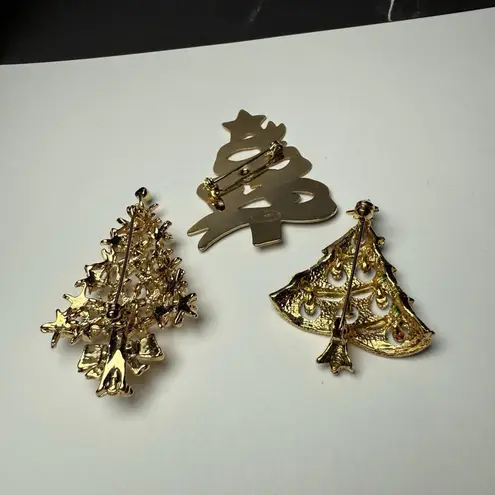 Christmas Tree Holiday Lot Of 3 Brooch Pin Gold Tone