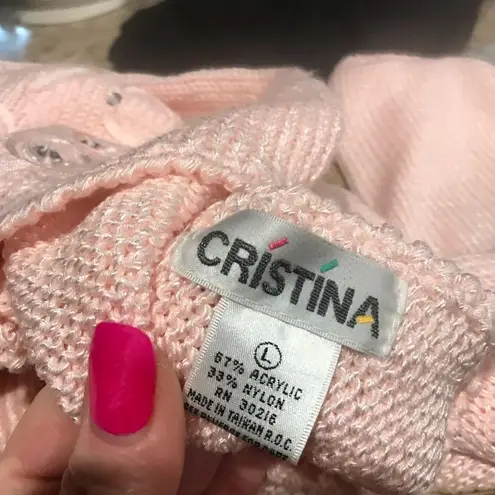 Cristina Pink Pullover Sweater with Gemstones Pearls Large