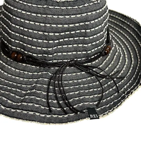 REI Black White Striped Sun Hat Beaded Accent Packable Summer Beach