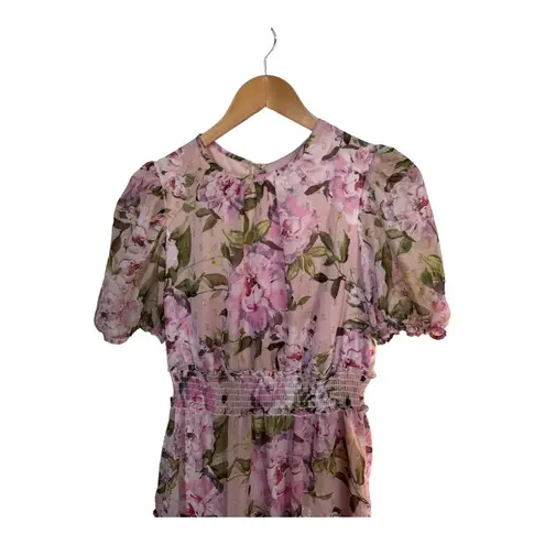 Julia Jordan Floral Print Fit & Flare Pink Smocked Waist Dress Size 6 New
