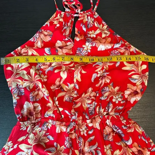 Garage  Red Floral Sleeveless Elastic Waist Keyhole Halter Neck Romper Size XS