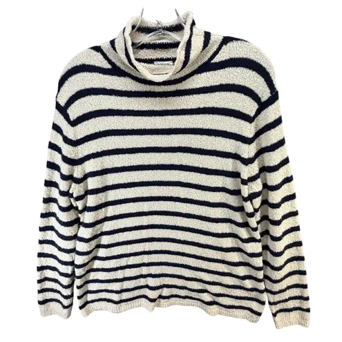 J Crew Cozy Rollneck Pullover Sweater Women M Cream Blue Stripe Cabin Soft Touch Size M