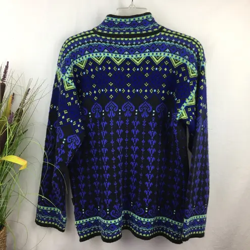 Obermeyer Blue & Green Print Knit Long Sleeve Winyer Ski Sweater M