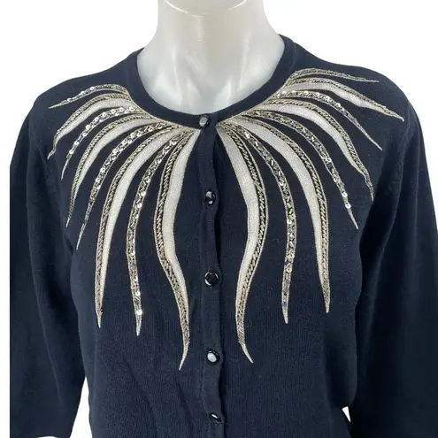 Bob Mackie Black Beaded Sequin 3/4 Sleeve Button Up Knit Cardigan Sweater Top M
