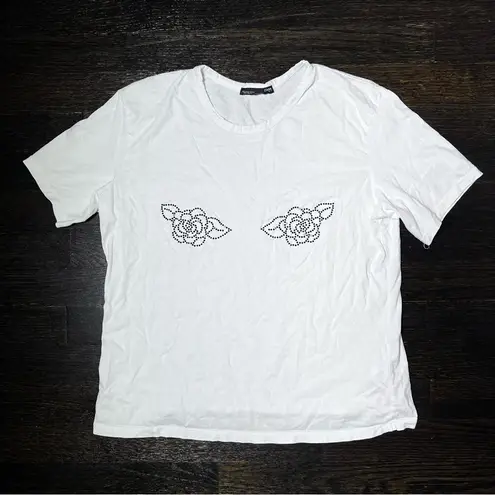ZARA  White Black Rhinestone Rose Tee