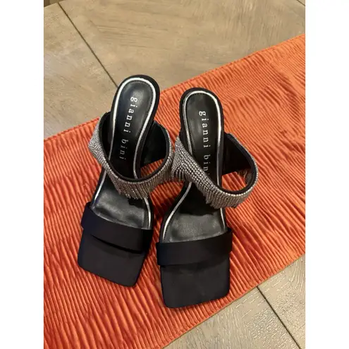 Gianni Bini  Black Satin Heels Rhinestone Fringe Sandals 9