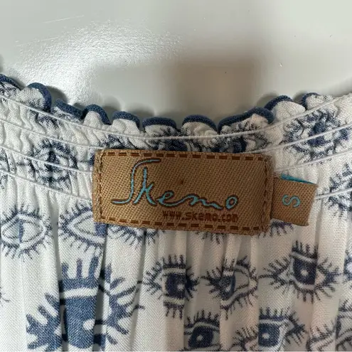 Skemo Evil Eye Boho Smocked Waist Gypsy Mini Dress In Small White