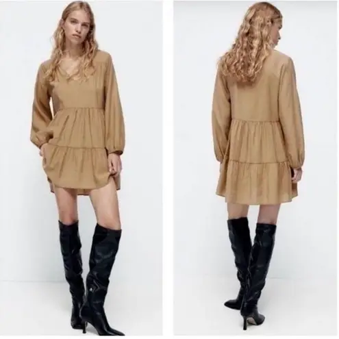 ZARA  Brown Tiered Long Sleeve Babydoll Mini Dress Size Medium