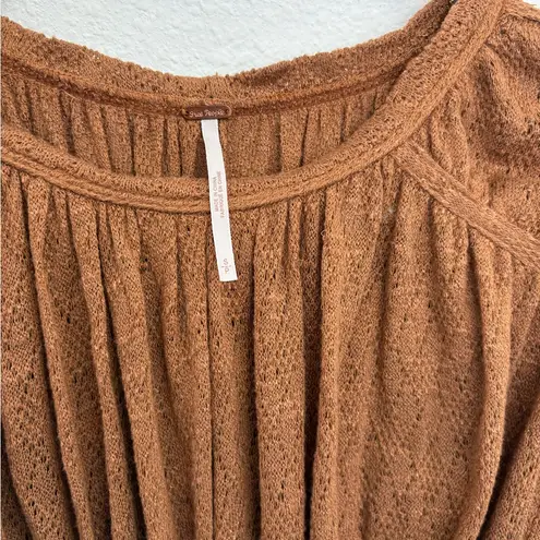 Free People  Brown Boho Crochet Knit Lace Short Sleeve Top