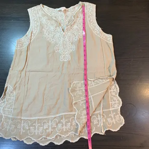 Solitaire Womens Top L Sleeveless Neutral Embroidered Boho Festival READ
