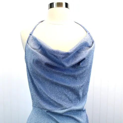 Naked Wardrobe NEW  Womens XL Blue Shimmer Glow For It Cowl Drape Halter Top