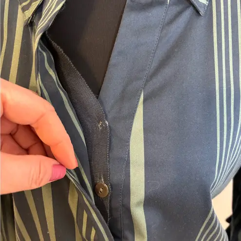 Badgley Mischka Green and Navy Striped Blouse with backside flower print Size M