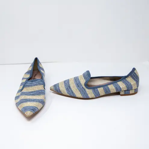 NEW Michele Lopriore Elyse Pointy Loafer Multicolor Blue Gold Stripe Flat Shoes