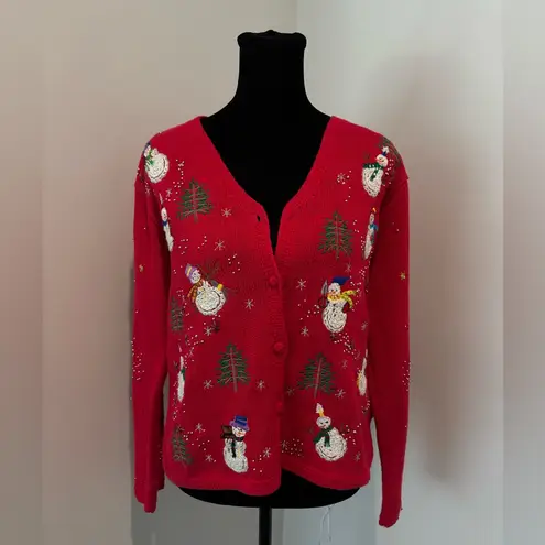 SEGUE Red Knit Snowman Xmas Christmas Holiday Cardigan Women’s Small